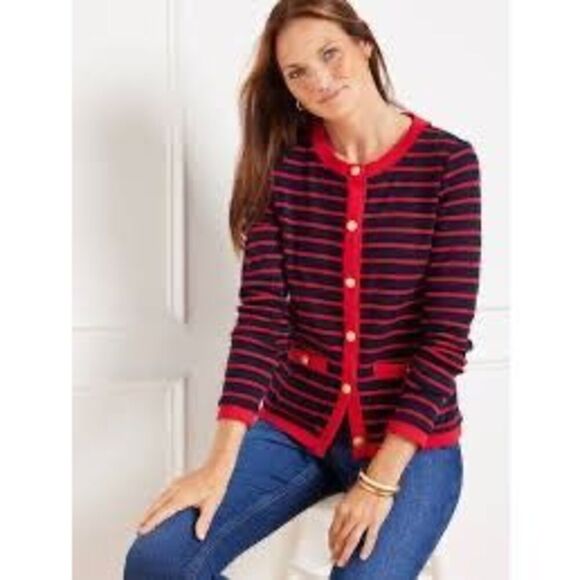 Talbots Plus Patch Pocket Cardigan Sz 3X Delfina Stripe Navy Red - Picture 1 of 9